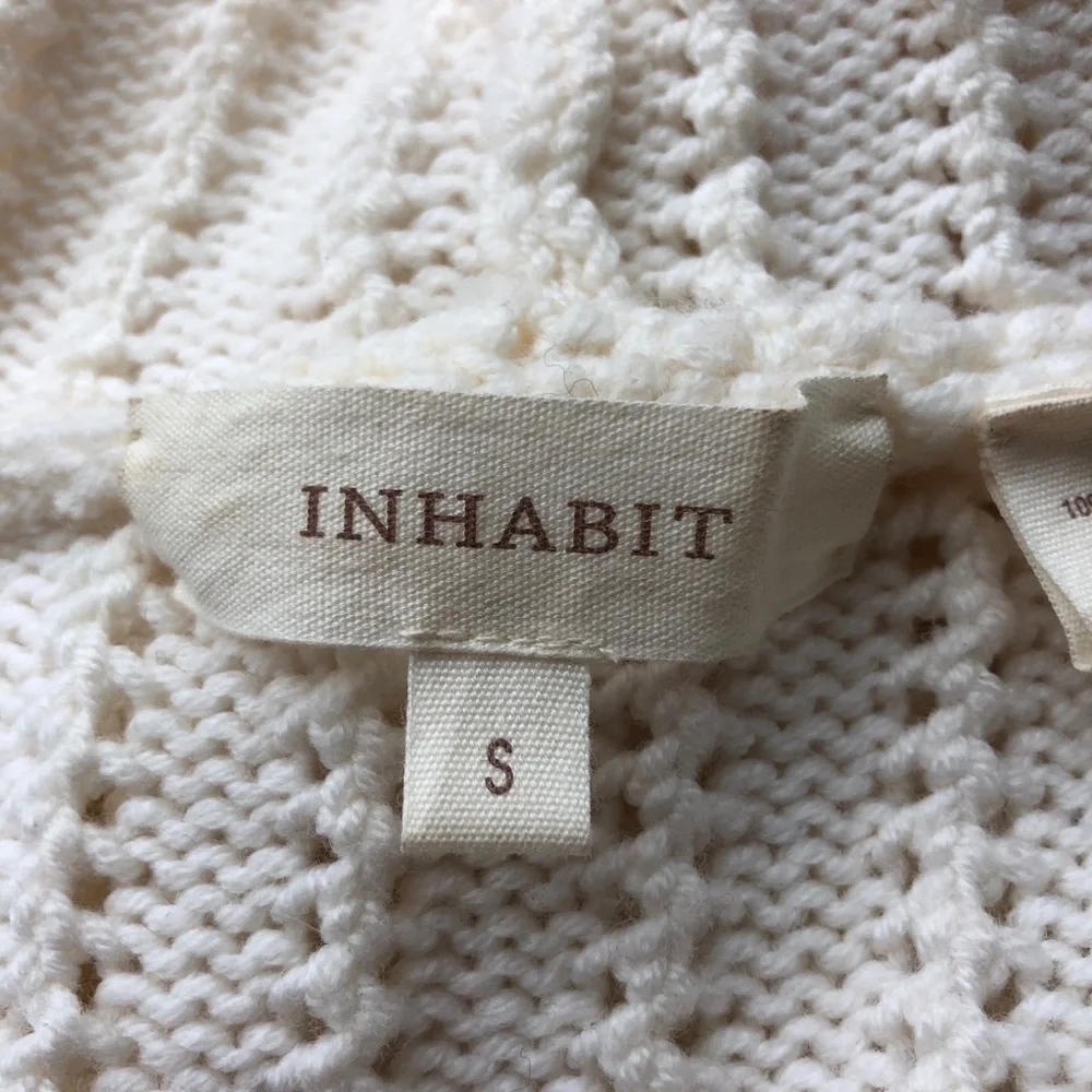 INHABIT White 100% Wool Pointelle Mock Neck Peplum Sweater S